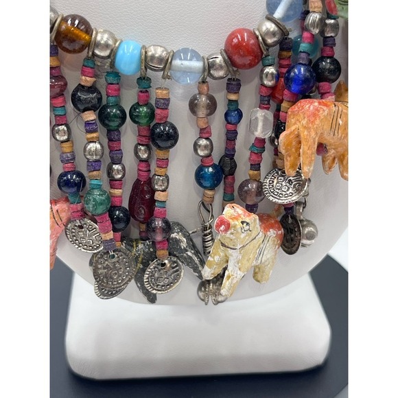 AFRICAN Glass Bead and Carved Animal Dangle Fringe Multicolor Statement Necklace - Picture 6 of 16